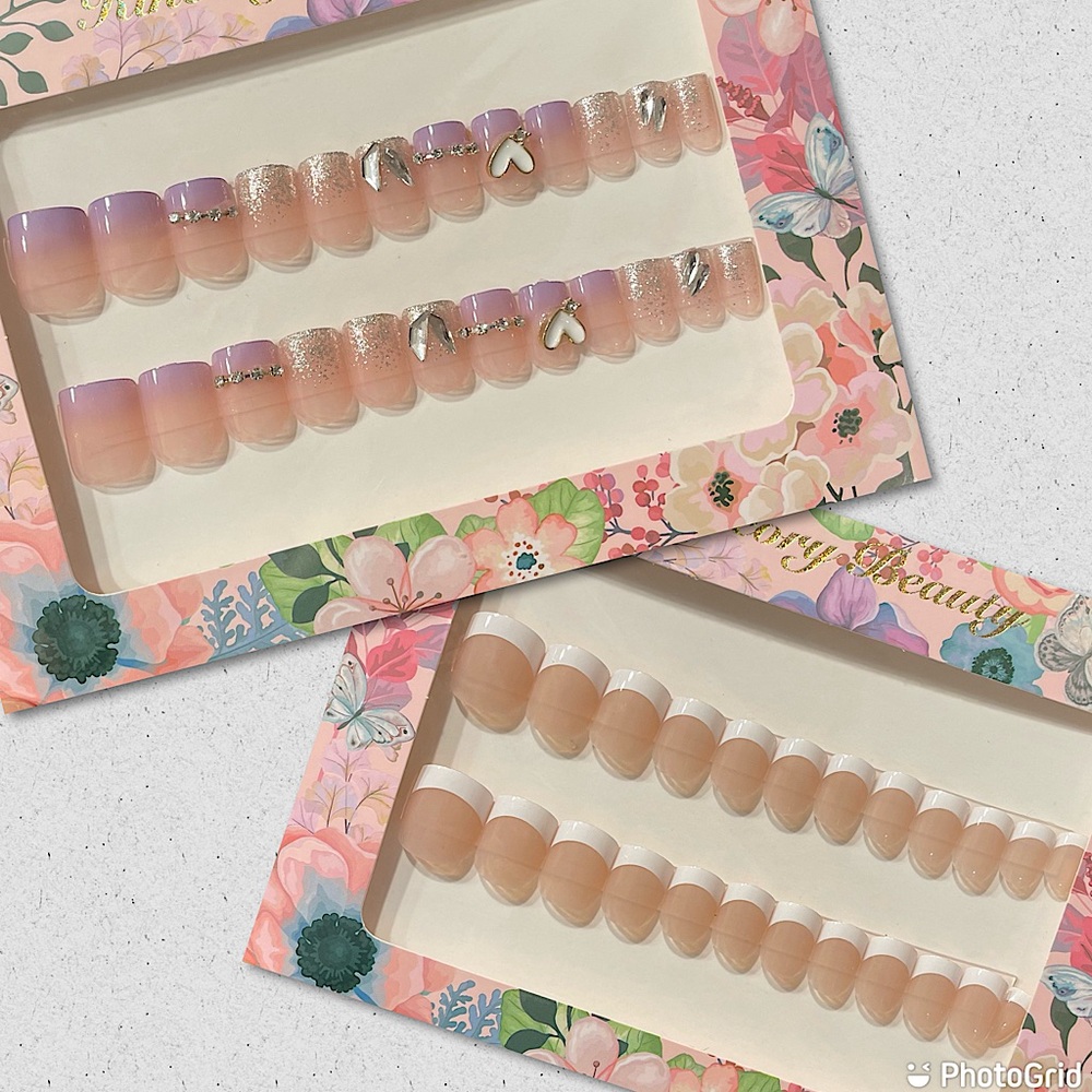 NEW Purple Glitter Heart Gem & French Tip Style Press-On Nail Set Bundle